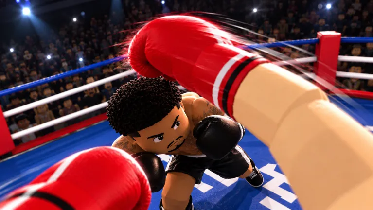 First-person red glove reaching toward a curly-haired boxer who ducks low with both black gloves up near the ropes.